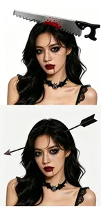 Close-up of Halloween headband props featuring bloody saw and arrow through head effects
