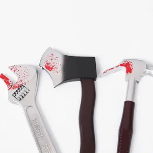 Three-piece bloody tool set with plastic wrench, axe and hammer for Halloween props