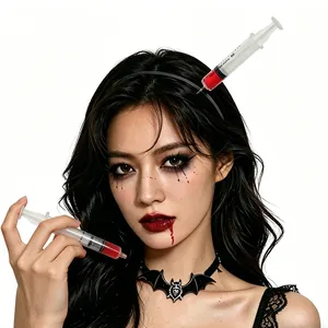 Halloween bloody syringe headband and bat choker set with red liquid for zombie party