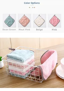 Detail of pineapple grid coral fleece kitchen towels with hooks in four soft colors
