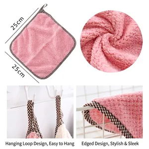 Pink coral fleece kitchen towel with pineapple grid border and hanging loop 25x25cm