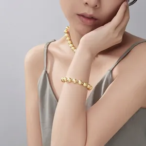 Ensemble bracelet et collier minimaliste en argent S925 à perles dorées brossées 8mm