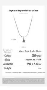 Detailed technical view of S925 silver teardrop pendant with snake chain measurements