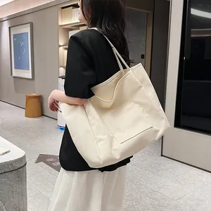 Women Minimalist Canvas Tote Bag Large Capacity Shoulder Bag With Front Pocket Durable Handbag For Shopping Daily Commute