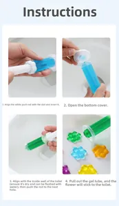 Guía de cuatro pasos que muestra cómo aplicar el gel limpiador de inodoro con flores