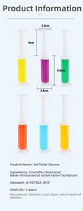 Dimensiones detalladas e ingredientes del set de gel limpiador de inodoro de colores