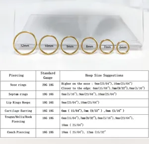 Sizing chart and gauge guide for 316L stainless steel hinged segment nose and ear rings