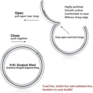 Close-up of seamless hinged 316L surgical steel segment ring showing easy opening mechanism