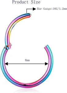 Detailed size chart for 16G 1.2mm rainbow stainless steel hinged segment clicker ring