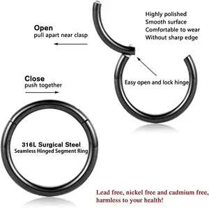 Detailed view of black 316L surgical steel hinged segment ring showing open and closed mechanism