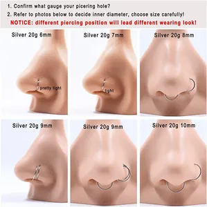 Size chart showing 20G stainless steel heart clicker nose rings in 6mm to 10mm diameters