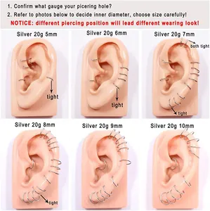 Size guide for 20g stainless steel nose rings with diameters from 5mm to 10mm on ear model