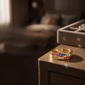 Close-up of 18K gold-plated double-layer ring with colorful square-cut zircon stones