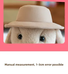 Macro detail of cute plush rabbit wearing khaki hat showing high-quality fluffy texture