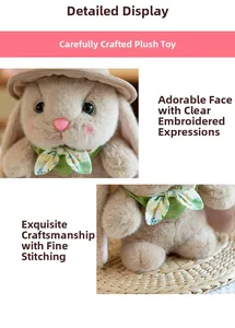 Close-up of plush rabbit face with floral scarf, hat, and detailed embroidery