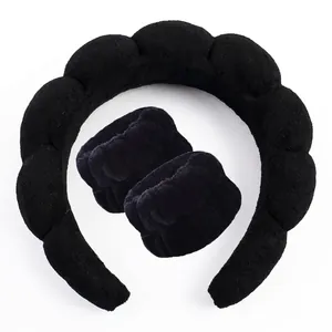 Black sponge headband and wristband set for face washing with soft cloud design