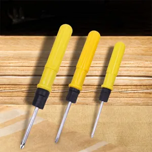 Close-up of chrome vanadium steel screwdriver set with magnetic tips and yellow handles