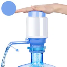 Manual water pump for bottled water showing a hand pressing the blue and white dispenser