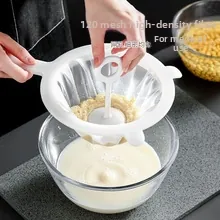 Detail of 120 mesh fine strainer with manual press handle for soy milk filtration