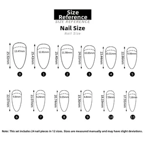 Detailed size chart for press-on nails showing 12 sizes with length and width dimensions