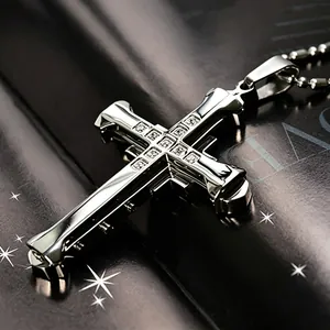 Men's polished stainless steel cross pendant necklace with sparkling crystal inlay