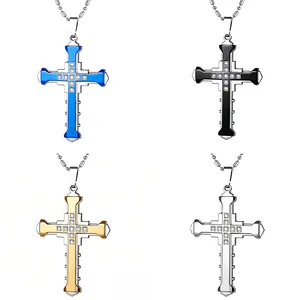 Men's hip-hop cross pendant necklaces set in silver, gold, black, and blue finishes