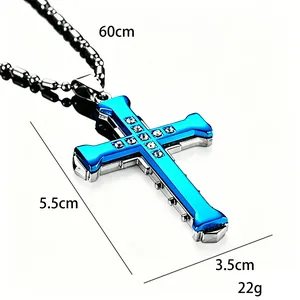 Mens cross pendant necklace with blue panel and crystals, 5.5cm height silver metal cross
