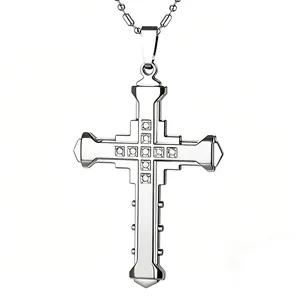 Detailed view of polished silver cross pendant featuring ten inlaid sparkling zircon crystals