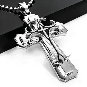 Three-layer silver stainless steel cross pendant necklace with scrollwork and bead chain