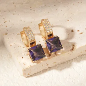Elegant gold square purple zircon drop earrings with micro-paved sparkling crystals