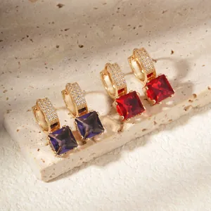 Elegant gold square zircon earrings in red and purple sapphire colors for women