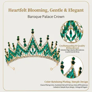 Baroque emerald crystal crown tiara with gold plated alloy base and marquise green rhinestones