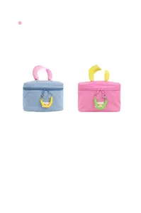 Detail of soft padded handle with embroidered letters and colorful spring cord on toiletry bag