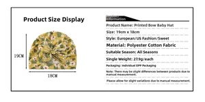 Detailed size chart for baby floral turban hat with measurements of 19cm by 18cm