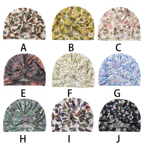 Baby Turban Beanie Hat Large Bow Floral Printed Waffle Texture Infant Head Wrap Newborn Photography Props Toddler Soft Headwear