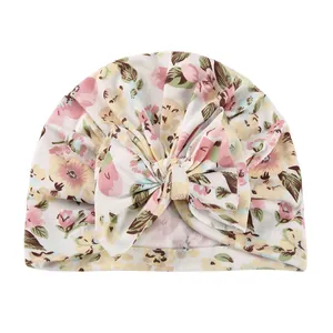 Floral print baby turban hat with large bow decoration for newborns in spring and autumn