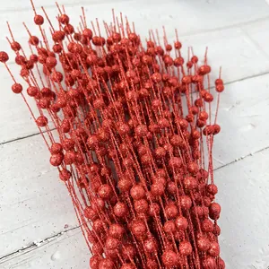 Red glitter berry stems 43cm 12-fork artificial branches for Christmas home decorations