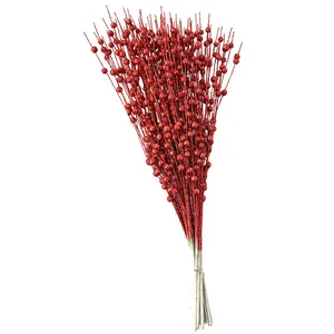 Artificial 43cm Christmas glitter red berry stems with 12 branches for festive floral decor