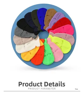 Detailed overhead view of 17 colorful 3-hole knitted balaclavas in a circular layout