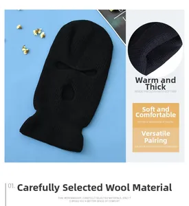 Detail of black 3-hole knitted balaclava showing thick thermal fleece lining texture