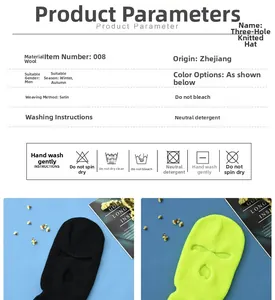 Detailed chart showing maintenance and material specs for the 3-hole knit balaclava