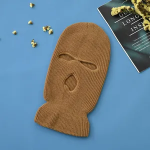 Caramel ribbed knit 3-hole balaclava mask with warm stretch fabric for winter sports