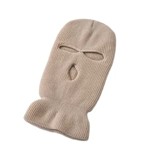 Beige 3-hole knitted balaclava mask providing full face warmth and wind protection