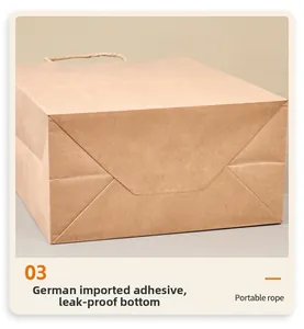 Detail of leak-proof folded bottom and sturdy handle of a brown kraft paper bag