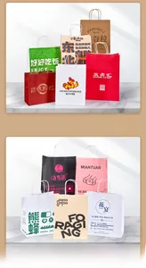 Detail of high-quality custom kraft paper gift bags with reinforced handles in various colors