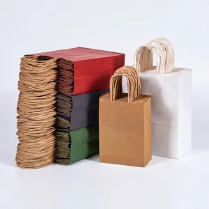 Sacs en Papier Kraft Recyclables Avec Poignée en Corde Torsadée Épaissis Pour Shopping Cadeau Emballage Pour Boulangerie Traiteur Rangement Alimentaire