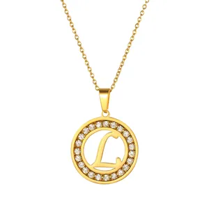 Collana in acciaio inossidabile dorato con ciondolo lettera L e cerchio di cristallo