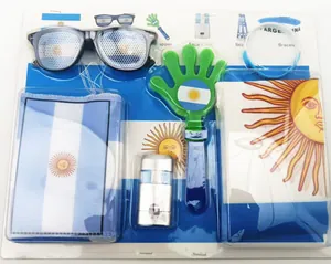 Detailed set of Argentina football fan gear in blister packaging with flag and glasses