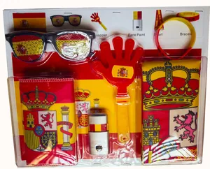 Detail of Spain fan cheer kit including sunglasses, face paint, clapper and scarf