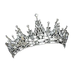 Silver bridal tiara with marquise-cut crystals and round rhinestones for weddings